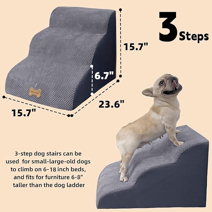 3-Step Dog Stairs for High Beds & Couches Multi-Step Non-Slip Pet Steps with Balanced Ramp Indoor 2 3 4 5 Step Stairs for Small to Large Dogs and Cats Non-Slip Stickers 30D Grey