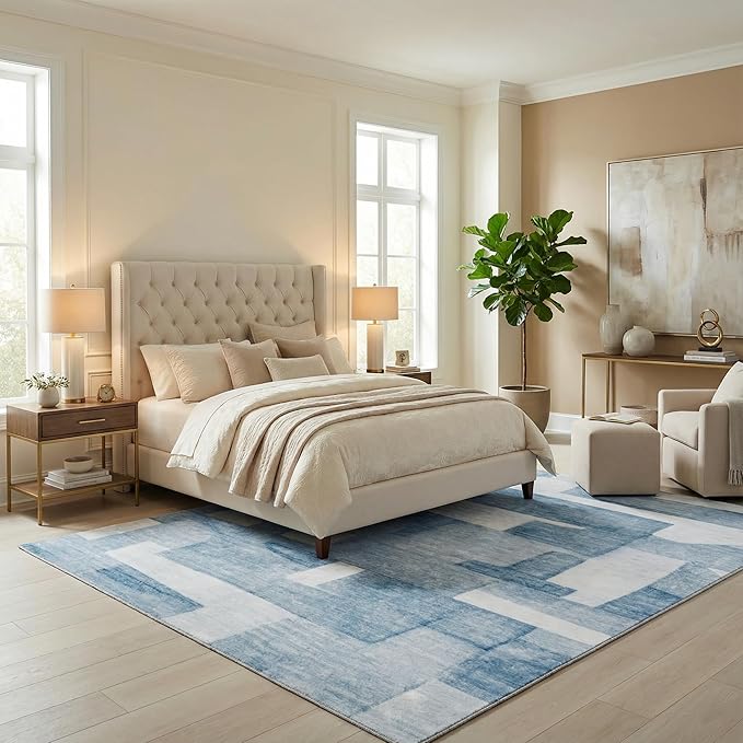 8X10 Area Rugs Modern Abstract Large Carpet for Living Room Bedroom Dining Room Office Nursery, Non Slip Washable Blue Rugs 8X10 Geometric Pattern Thin 8 by 10 Indoor Home Decor Pet & Child Friendly