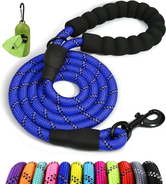 Taglory Rope Dog Leash 6 FT with Comfortable Padded Handle, Highly Reflective Threads Leash for Medium Large Dogs, 1/2 inch, Navyblue