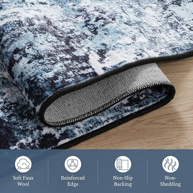 Rugflix 2x6 Runner Rug for Entryway, Kitchen Rugs Soft Non-Slip Washable Runners for Hallway, Abstract Small Carpet with Non-Slip Rubber for Bedroom, Living Room, Navy Blue/Black
