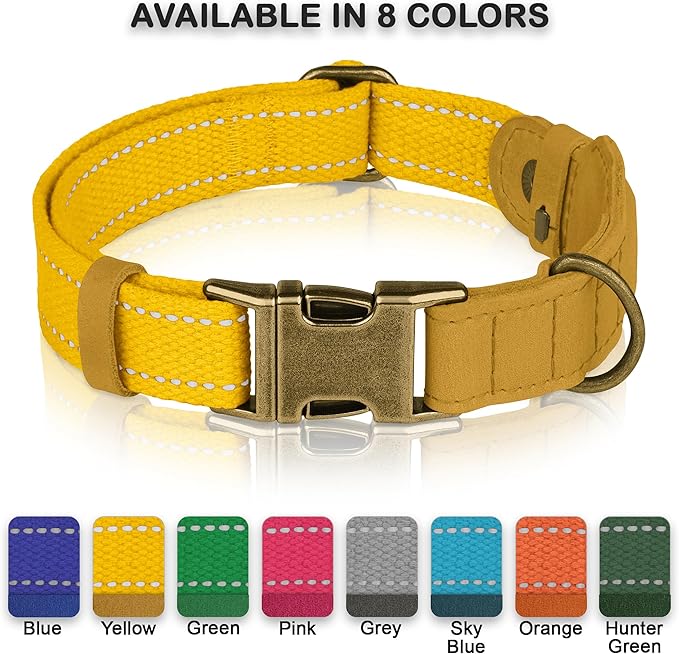 Reflective Leather Dog Collar with AirTag Holder - Soft Apple Airtag Dog Collar with Metal Buckle - Safety Cotton Pet Collars for Dogs Small Large Dogs Puppy (Yellow, XS, 9"-12")