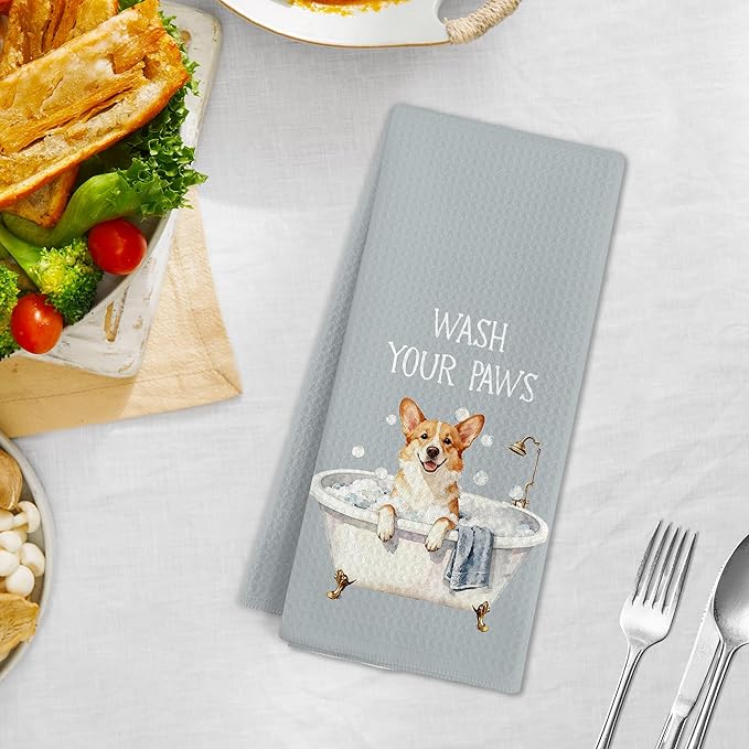 Funny Corgi Dog Hand Towels for Bathroom, Dogs Themed Decorative Hand Towels, Wash Your Paws Dish Tea Towel for Kitchen Bathroom Decor, Corgi Gifts for Dog Lovers Women Men, 16x24 Inch