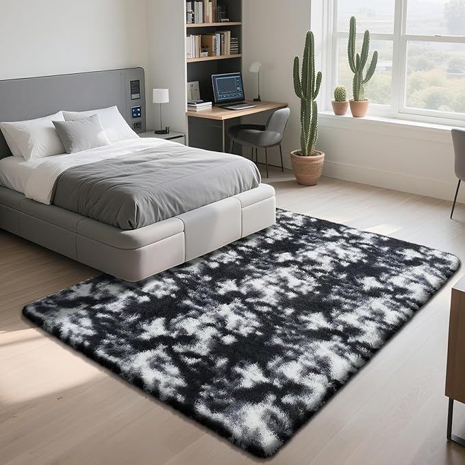 Fluffy Rug Shaggy Area Rug, Mottling Black 3x5 Area Rugs for Bedroom, Small Bedside Rug, Soft Fluffy Shaggy Entryway Throw Rugs for Living Room Bedroom Kids Room Home Decor