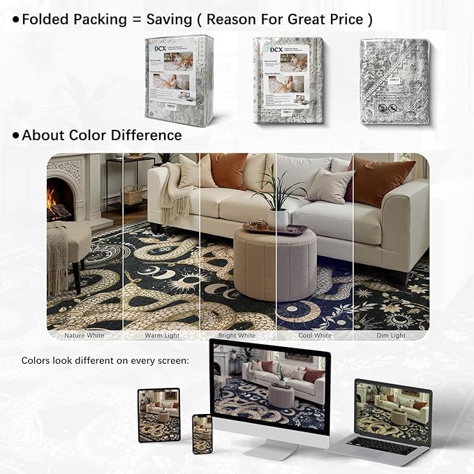 DCX Washable 5x7 Snake Rug, Black Gothic Rug for Living Room, Soft Low Pile Carpet, Kid & Pet Friendly with Rubber Back Non Slip, Stain Resistant Rug for Bedroom Dining Room Office