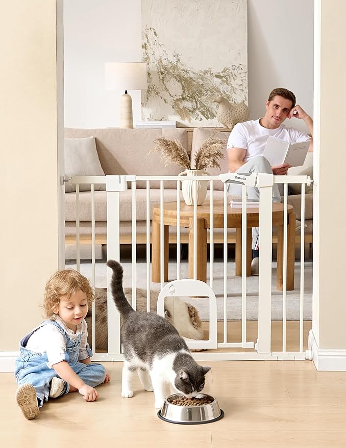 Babelio Baby Gate with Adjustable Cat Door,29-43" Auto Close Durable Pet door for Stairs,Doorways and House,Pressure Mounted,Easy Install,Effortless Walk Thru,White