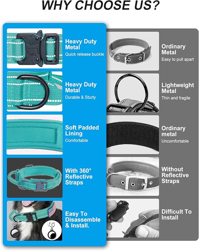 AUBELL Reflective Tactical Dog Collar,Adjustable Military Heavy Duty K9 Collars with Handle and Quick Release Metal Buckle Great for Medium Dogs, with Airtag Case and 2 Patches (Teal,M)