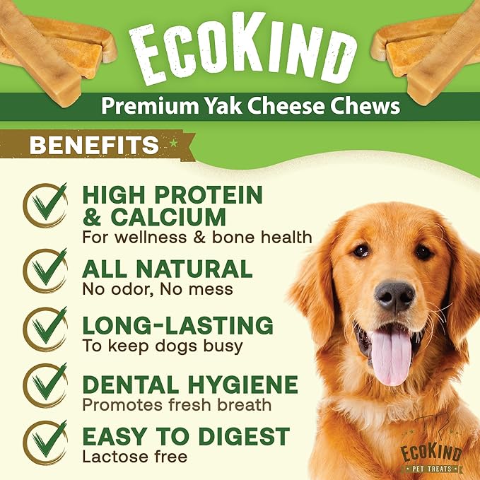 EcoKind Himalayan Yak Cheese Dog Chew | All Natural Premium Dog Treats, Healthy & Safe, Long Lasting, Easily Digestible, for All Breeds & Sizes (Large, 4-Pack)