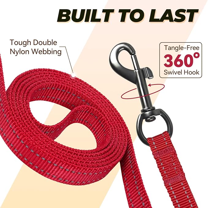 VIVAGLORY Twingrip Dog Leash, Double Handle Dog Leash for Training & Walking with Traffic Handle & 2 Loop, Traffic Control Reflective Heavy Duty for Puppy Pet, 5ft x 1/2in, Red