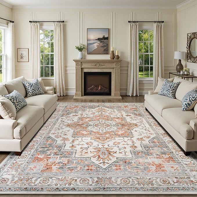 Lessymo 9×12 Area Rugs Washable for Living Room, Large Soft Indoor Rug Non-Slip for Bedroom Kitchen Dining Room Dorm Nursery, Vintage Boho Carpet Stain Resistant for Office Home Decor, Orange/White