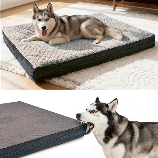 Sytopia Washable 37" Dog Bed for Large Dogs – Double-Sided Plush, Waterproof, Removable Cover, Thick Orthopedic Support, Durable Multi- Size Comfort Clearance Indoor Flat Dog Bed, Dark Grey
