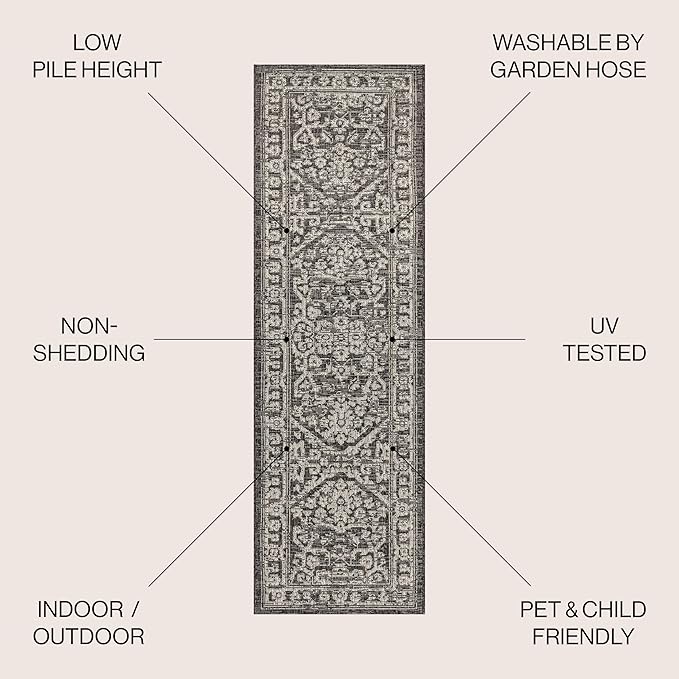 JONATHAN Y Boho Medallion Indoor Outdoor Runner Rug 2X8 Black/Gray, Malta Textured Weave for Backyard, Patio, Porch, Easy-Cleaning, High Traffic, Pet-Friendly, Non-Shedding (SMB104C-28)