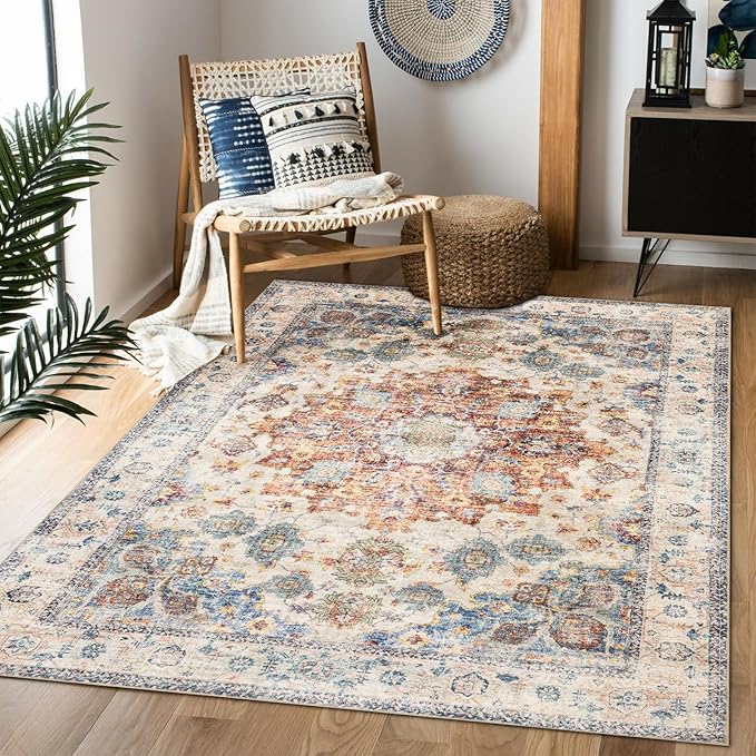 Area Rug 3횞5, Vintage Boho Rug,Ultra-Soft Low Pile, Washable, Non Slip,Stain Resistant Printed Carpet for Living Room Bedrooms Playroom Office Kitchen, Blue/Red