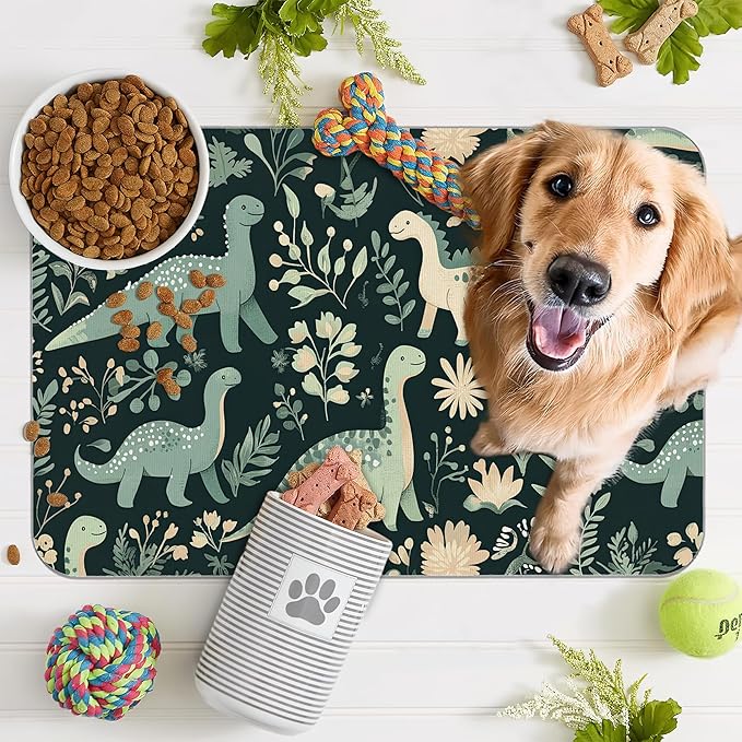Cute Dinosaur Dog Cat Food Mat,Forest Absorbent Pet Feeding Mat with Rubber Backing,Non-Slip Water Bowl Placemat,Indoor Pet Accessories Supplies 12"x20"