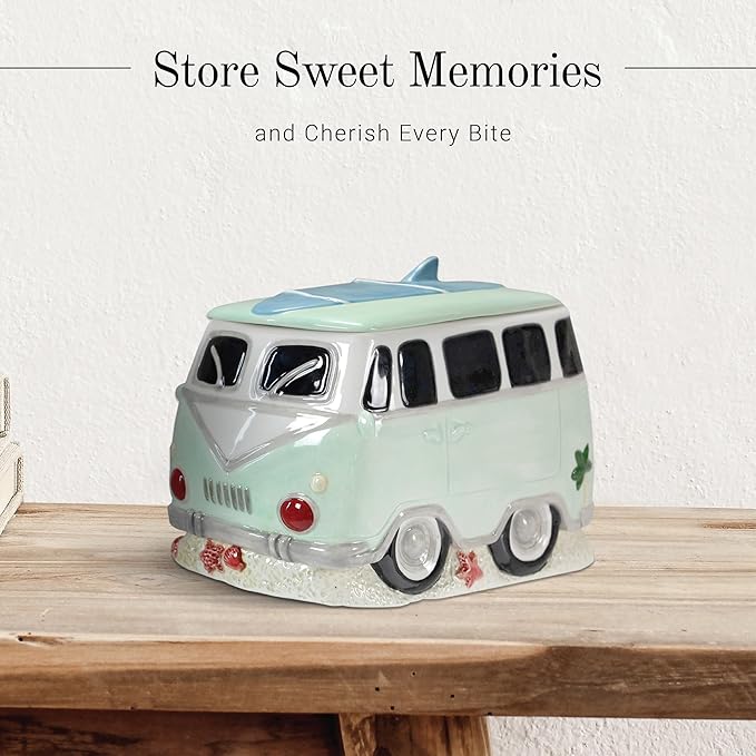 Young's Inc. Ceramic Cookie Jar - Cute Kitchen Counter Storage Canister with Lid - Perfect for Cookies, Coffee, Tea, Candy, Dog Treats, and More - Camper Van - Green, White, Blue