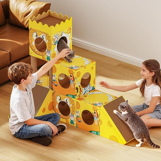 DIY Cardboard Cat House, Multi-Level Cat Tree Tower with Scratching Posts, Scratching Pad, Tunnel & Playhouse for Kittens & Adult Cats, Recyclable 48.8" × 25" × 40.16", Yellow Mouse