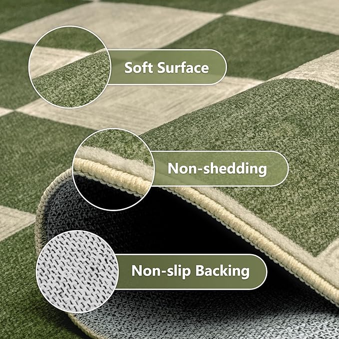 Washable Green Checkered Rug 5x7, Non-Slip Low Pile Area Rug for Living Room, Bedroom, Nursery, Modern Neutral Farmhouse Checkerboard Carpet, Pet & Kid Friendly