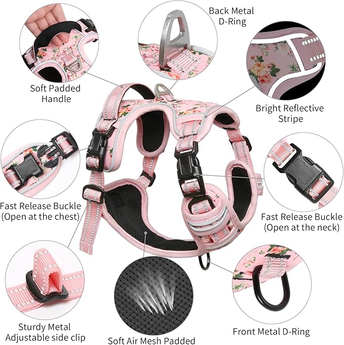 Timos No Pull Dog Harness,NO Need Go Over Dogs Head 3 Snap Buckles Reflective Oxford No Choke Harness with Front & Back 2 Metal Leash Clips Soft Padded for Small Medium Large Dogs Pink S