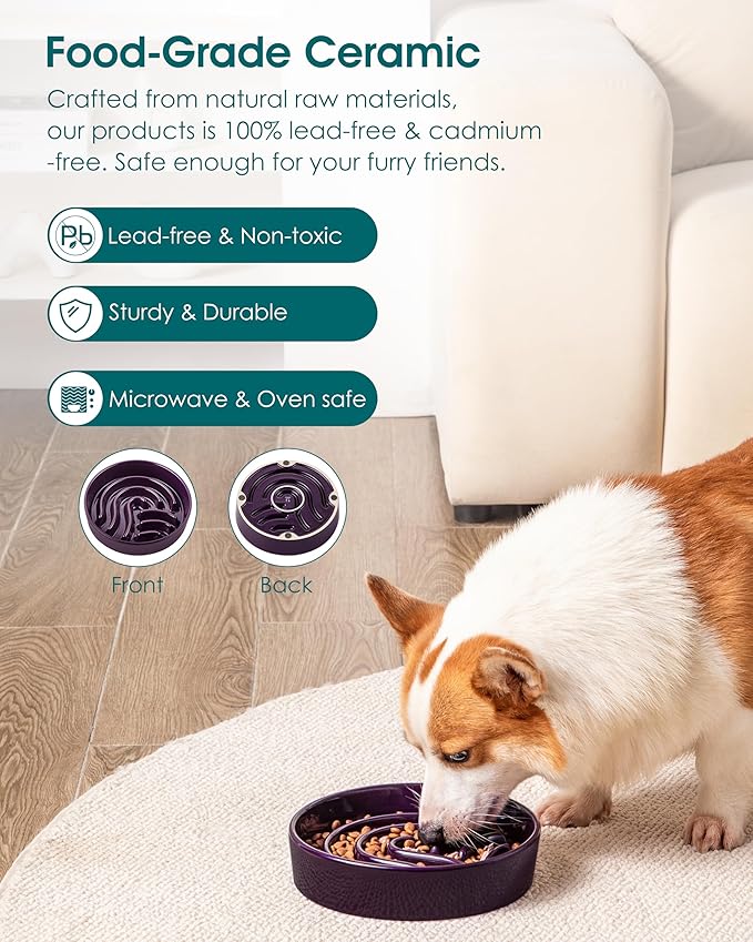 vancasso Slow Feeder Dog Bowl, 1.5 Cup Ceramic Slow Feeding Food Dish for Small and Medium Breed, Puzzle Dog Food Bowl for Fast Eater, Dark Purple