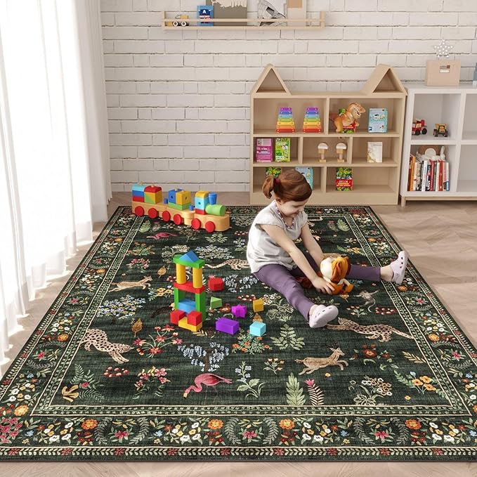 Rugcomf Area Rugs 8x10 Rug for Living Room Clearance Washable Boho Area Rug Non Slip Floral Animal Vintage Low Pile Large Rug for Living Room, Bedroom, Farmhouse, Dining Room, Kids Playroom (Green)