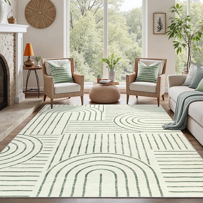 DCX Abstract Machine Washable 9x12 Rug, Sage Green Modern Accent Rug for Living Room, Soft Low Pile Non Slip Carpet, Kid & Pet Friendly Stain Resistant Rug for Bedroom Dining Room Office