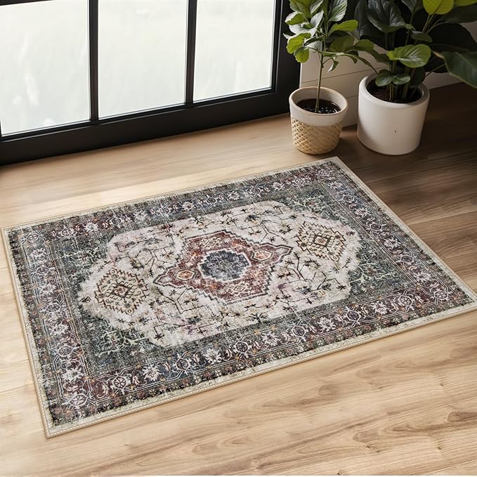 Lahome Oriental Small Rugs for Entryway, 2x3 Rug Non Slip Washable Door Mat Indoor Entrance Ultra-Thin Vintage Soft Carpet for Kitchen Bedroom Front Door Bathroom, Brown/Grey