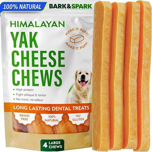 BARK&SPARK Yak Cheese Himalayan Dog Chews - 100% Natural & Long Lasting Dog Treats, Yak Milk Chews for Small, Medium & Large Dogs, Lactose & Gluten Free Dental Sticks, Healthy & Safe (4 Large Chews)