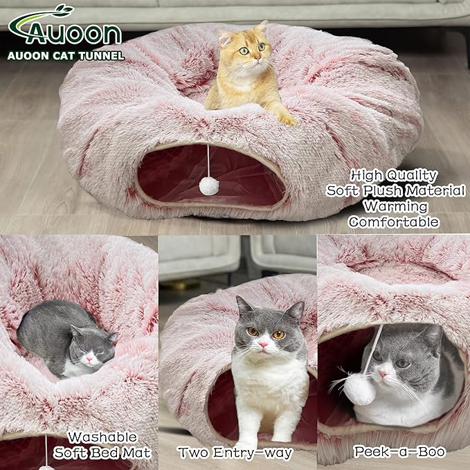 AUOON Cat Tunnel Bed for Indoor Cats - Circle Peekaboo Cat Cave with Washable Mat for Indoor Cats Kitten Kitty Puppy Rabbit Ferret (Light Pink)
