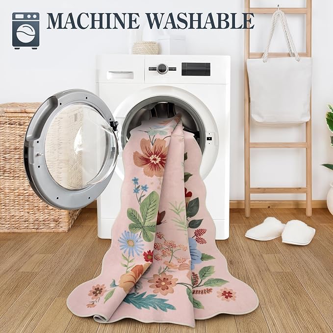 Lahome Floral Kitchen Runner, 2X6 Washable Runner Rug Non-Slip, Ultra-Thin Soft Hallway Rug Stain Resistant Boho Carpet for ‎Bedroom Laundry Bathroom, Light Pink