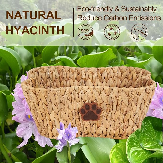 FairyHaus Wicker Dog Toy Basket Organizer, Large Bone Shape Bin with Dog Paw Decor, Natural Water Hyacinth Box for Pet Chew Toys, Blankets, Treats