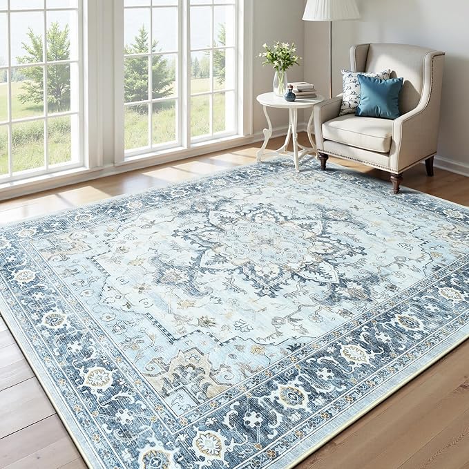 Lofus 5x7 Area Rugs for Living Room, Machine Washable Non-Slip Area Rug, Low Pile Large Rugs for Bedroom, Kitchen, Dining Room, Home Office, Vintage Oriental Print Rug, Blue Gold