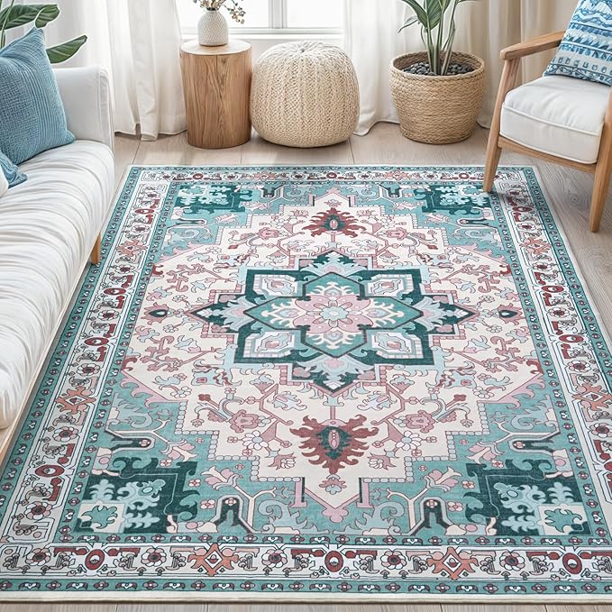 5x7 Area Rugs, Vintage Washable Area Rug for Living Room, Floral Boho Area Rugs for Bedroom, Office, Non-Slip Colorful Rug, Traditional Vintage Style, Plush Low-Pile Soft Carpet, Light Blue