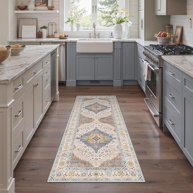 GENIMO Runner Rug 2x5 Non Slip Machine Washable Hallway Runner Rug, Low Pile Lightweight Rugs for Entryway, Hallway, Kitchen and Corridor, Vintage Cream/Blue