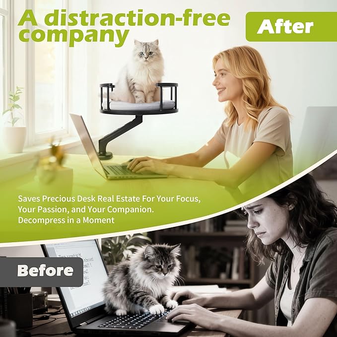 Cat Bed for Desk Solid Wood, Clamp-On Desktop Cat Perch with Memory Foam Cushion, Space-Saving Cats Bed Platform for Large Cats, No Drilling Needed, Elegant Pet Furniture for Office & Bedside