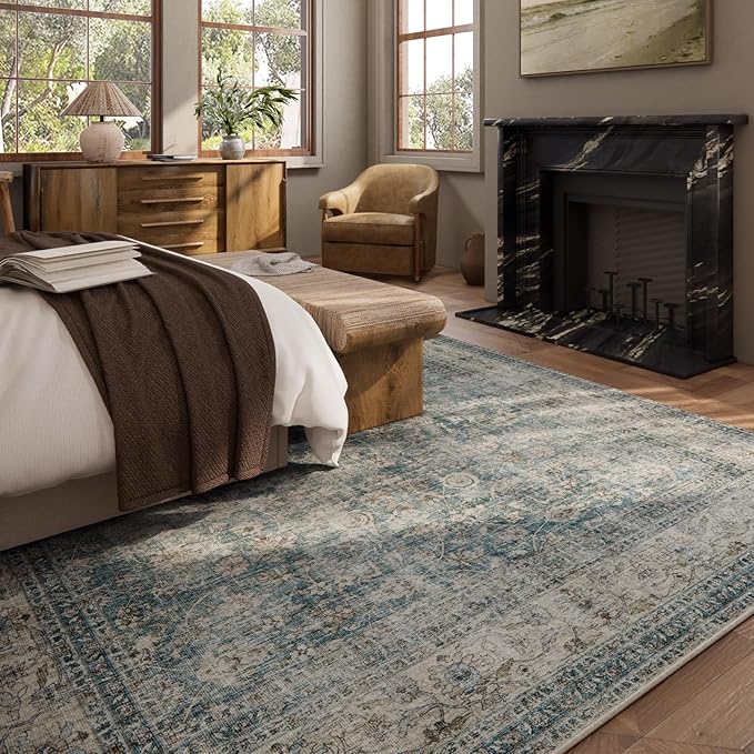 Area Rugs 9x12 Living Room: Washable Rugs for Bedroom Vintage Stain Resistant Non Slip Low Pile Large Boho Carpet for Kitchen Dining Room Farmhouse Kids Room Nursery