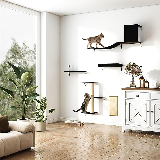 COZIWOW Cat Wall Shelves Set, 5-Piece Wall Mounted Cat Furniture with Cat Tree & Scratching Post, Floating Cat Perches for Indoor Cats（Black）