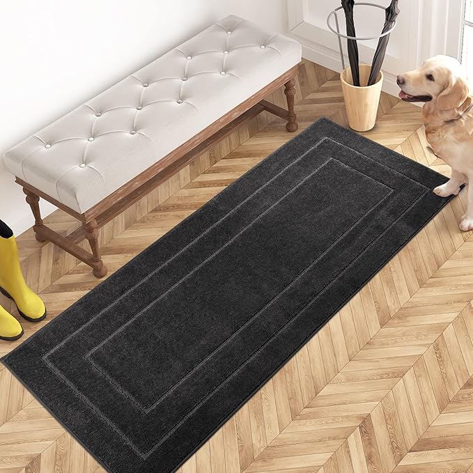 PURRUGS Dirt Trapping Door Mat 24" x 59", Non-Slip/Skid Machine Washable Entryway Rug, Dog Doormat, Super Absorbent Welcome Mat for Muddy Wet Shoes and Paws, Charcoal