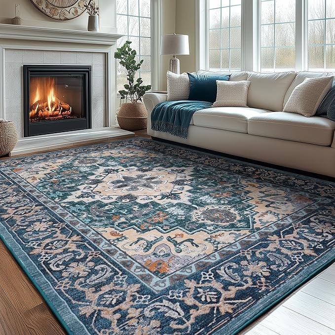 Lessymo 8 x 10 Area Rugs for Living Room, Machine Washable Area Rugs Boho Faux Wool Low Pile Area Rug for Bedroom, Floral Medallion Vintage Rugs with Non-Slip Rubber, Kid & Pet Friendly,Dark Green