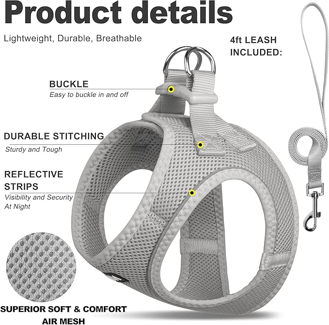 Fida Comfy Dog Harness with Leash, Cat Vest Harness Escape Proof, Breathable Lightweight Soft Mesh, Adjustable Reflective Step-in Harness for Puppy Toy Breeds & Extra-Small Pet (XXS, Grey)