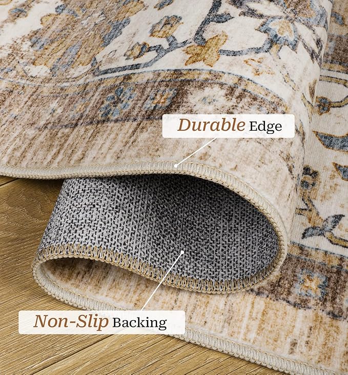 6x9 Area Rugs for Living Room - Stain Resistant Machine Washable Rugs for Bedroom,Non-Slip Backing Large Area Rug (Apricot/Blue, 6'x9')