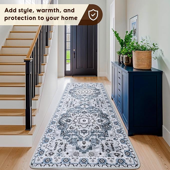 LBRO2M Boho Washable Runner Rug 2'6“X8’ Dusty Blue Washable Hallway Runner Rugs Non Slip Low Piles Rugs, Soft, Area Rug Runners for Hallways, Bedroom, Kitchen Laundry Room (2'6"X8', Light Blue)