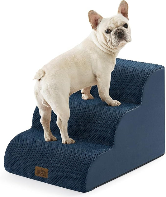 Wide Dog Stairs for Small Dog 15.7" H, Pet Step for Puppy, Older Cat, Curved Ramp for Couch, Durable Anti-Slip Ladder with High Density Foam, 3 Step, 17.7x22.4x15.7 inch, Navy Blue