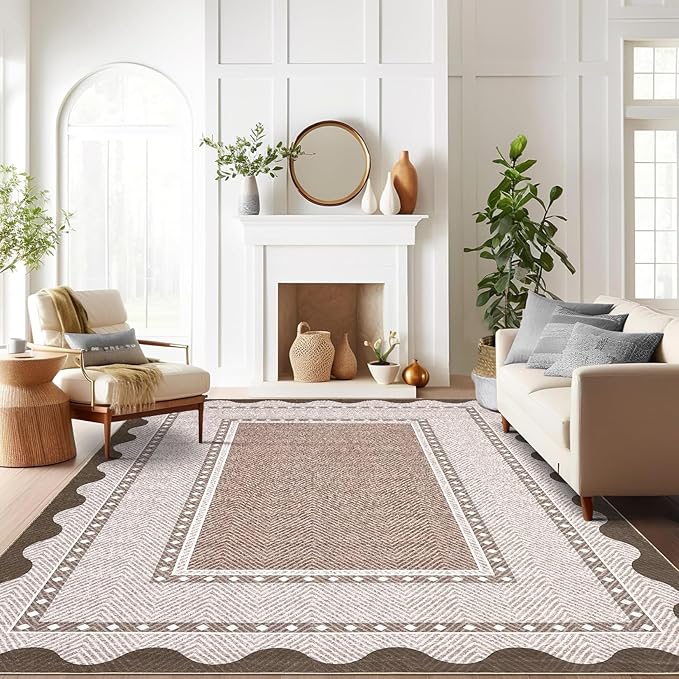 GarveeHome Modern Neutral 9x12 Area Rug Large Washable Rugs for Living Room, Low Pile Non Slip Stain-Resistant Soft Carpet, Contemporary Border Pattern Floor Mats for Home Decor, Red Brown