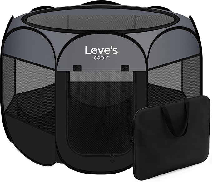 Love's cabin Pet Puppy Dog Playpen, Small Dog Tent Crates Cage Indoor/Outdoor, Portable Playpen for Cat, Foldable Pop Up Dog Kennel Playpen with Carring Case, Removable Zipper Top, Dark Grey