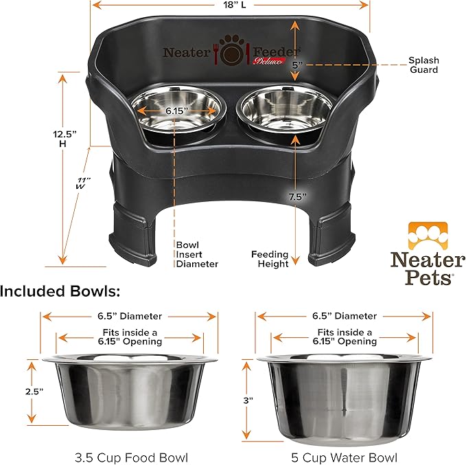 Neater Feeder Deluxe Mess Proof Dog Bowls Elevated Medium Sized Dogs (19-40 lbs) Made in USA, No Spill Raised Dog Food Bowl Stand w/Leg Extension, Stainless Steel Food and Water Bowl Set, Black