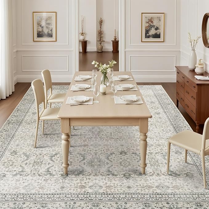 Washable Area Rugs 9x12 Floral Beige, Large Indoor Rug for Living Room Bedroom, Vintage Farmhouse Carpet for Dining Room, Cream White