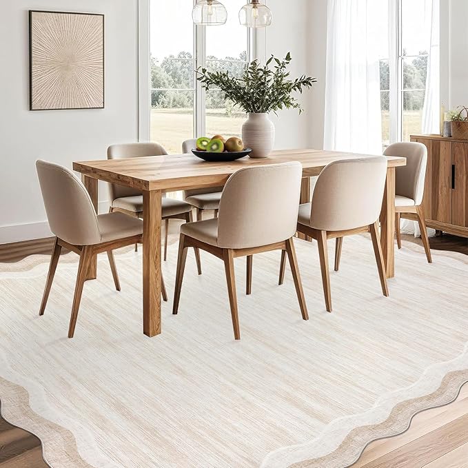 GarveeHome Scalloped Rug 5x7 Modern Solid Living Room Carpet, Non-Slip Contemporary Easy Cleaning Rug, Machine Washable Low Pile Indoor Rugs for Entryway,Bedroom, Playroom,Dorm,Office, Beige