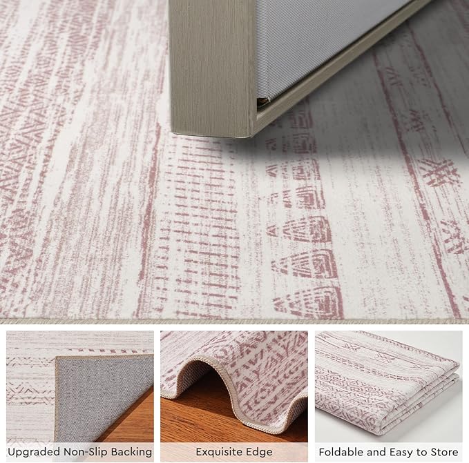 3x5 Pink Area Rug Machine Washable Non Slip Rug Distressed Neutral Moroccan Boho Rug Ultra Soft Indoor Rugs for Bedroom Living Room Entryway Kitchen Foyer Bedside
