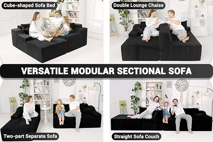 HABUTWAY 101'' Modular Sectional Sofa Cloud Couch with Deep Seat, Modern L-Shaped Convertible Couches Upholstered Couch with Chaise for Living Room Bedroom (Black, Left-Facing Chaise)