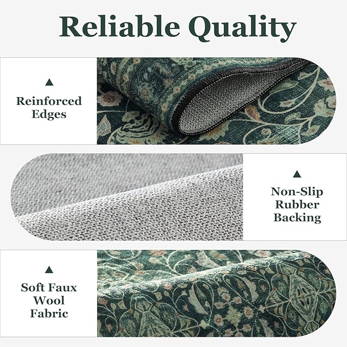 Dark Green 2x3 Small Rugs for Entryway, Washable Non Slip Door Mat Indoor Entrance, Vintage Boho Floral Moroccan Printed Entry Rugs for Inside House Kitchen Bathroom, Low Pile Ultra Thin Soft