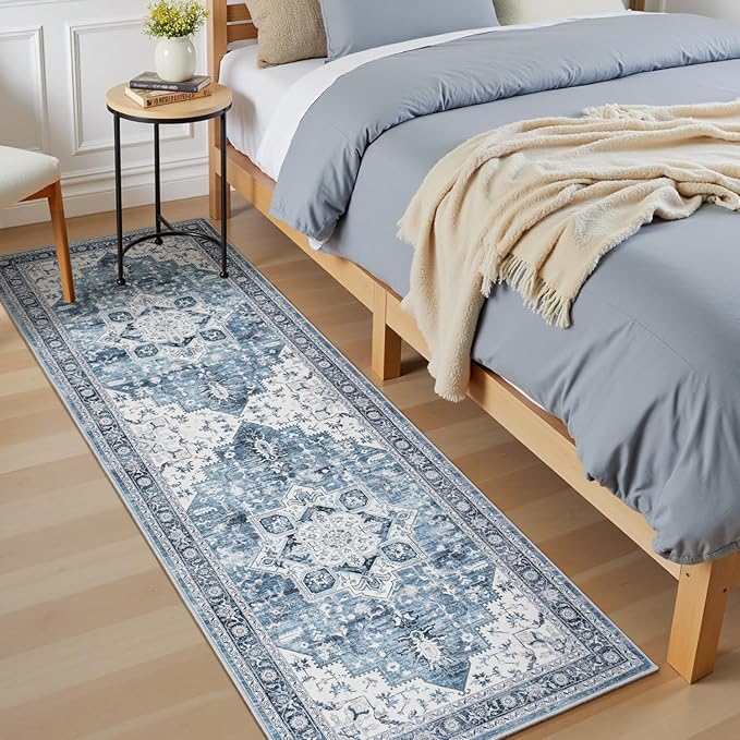 Lessymo Washable 2x6 Hallway Runner Rug for Entryway Bedroom, Soft Kitchen Area Rugs Non Slip for Bathroom Living Room Laundry Room, Long Vintage Boho Floor Carpet Stain Resistant Low Pile, Blue White